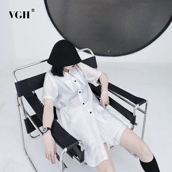

VGH Vintage Irregular Women Two Piece Set Lapel Collar Short Sleeve Asymmetrical Top High Waist Shorts Elegant Suits Female Tide