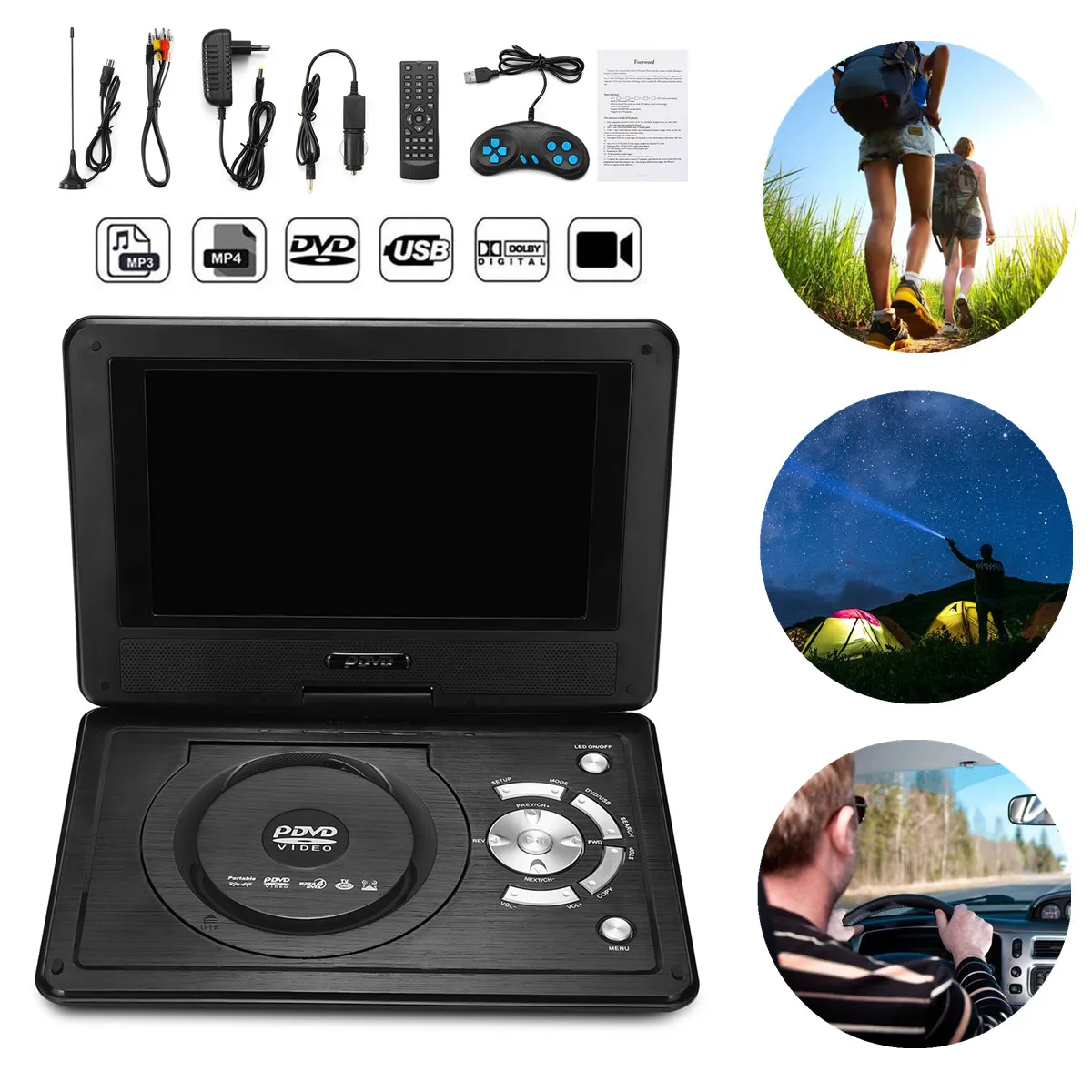 12.4" DVD Player Portable Car DVD Player VCD CD MP3 Portable Game Remote Control Swivel Screen USB SD With DVD/CD ROM RW Case