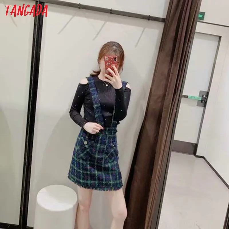 Tangada женские зеленый узор в шотландском стиле, платье без рукавов, на пуговицах, с карманами в Корейском стиле зимние женские мини-платье vestidos 3H111