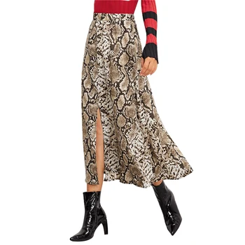

Women Fashion High Waist A-line Skirts Sexy Snakeskin Pattern Animal Print Side Split Long Maxi Bottom Casual Female Skirt