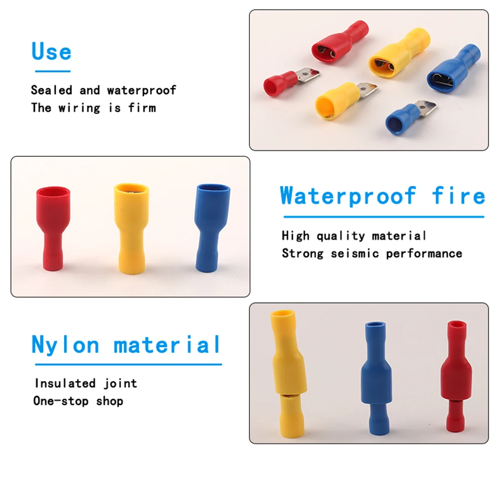 Wire Connectors 6.3mm Female Male PVC Insulated Crimp Terminal Spade Blue Yellow Red