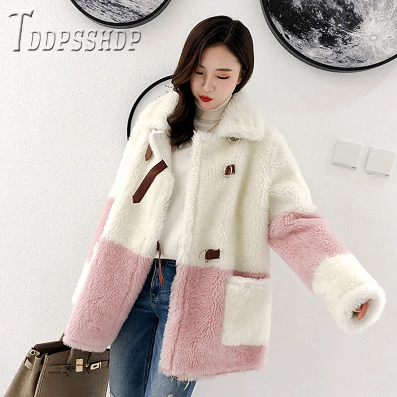 Зимняя верхняя мода имитация овечьей шерсти элегантная плотная теплая верхняя одежда лоскутное пальто