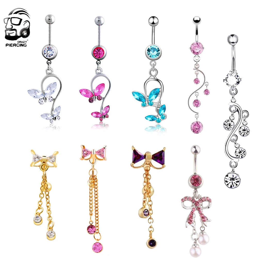 14g Crystal Butterfly Reversed Belly Button Rings For Women Pink Bow