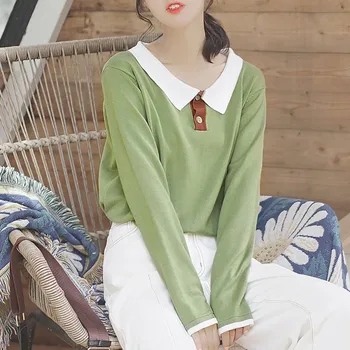 

Knitwear colorblock lapel long sleeves Casual Women Sweater Sweet Solid Color Slim Lapel Button Wild Knit Pullover Sweater