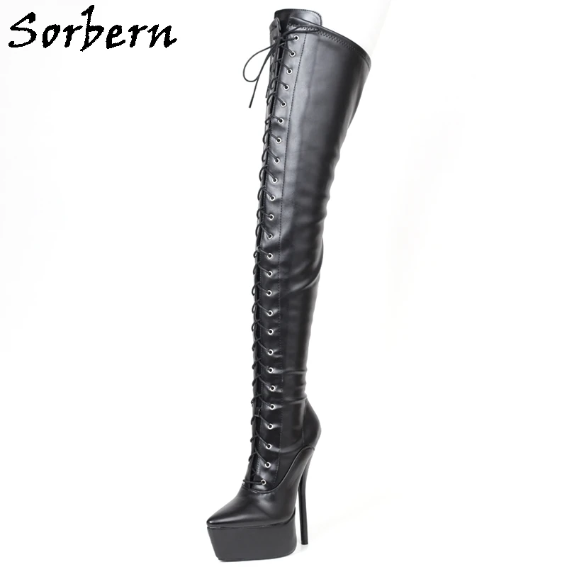 

Sorbern Matt Black Mid Thigh High Boots Women Over The Knee Pointy Toes Platform High Heels Custom Wide Fit Legs Unisex Shoes