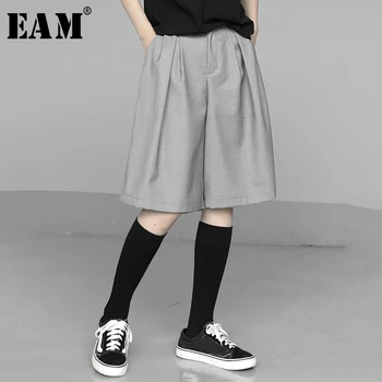 

[EAM] High Elastic Waist Gray Brief Wide Leg Knee Length Trousers New Loose Fit Pants Women Fashion Spring Summer 2020 1U680