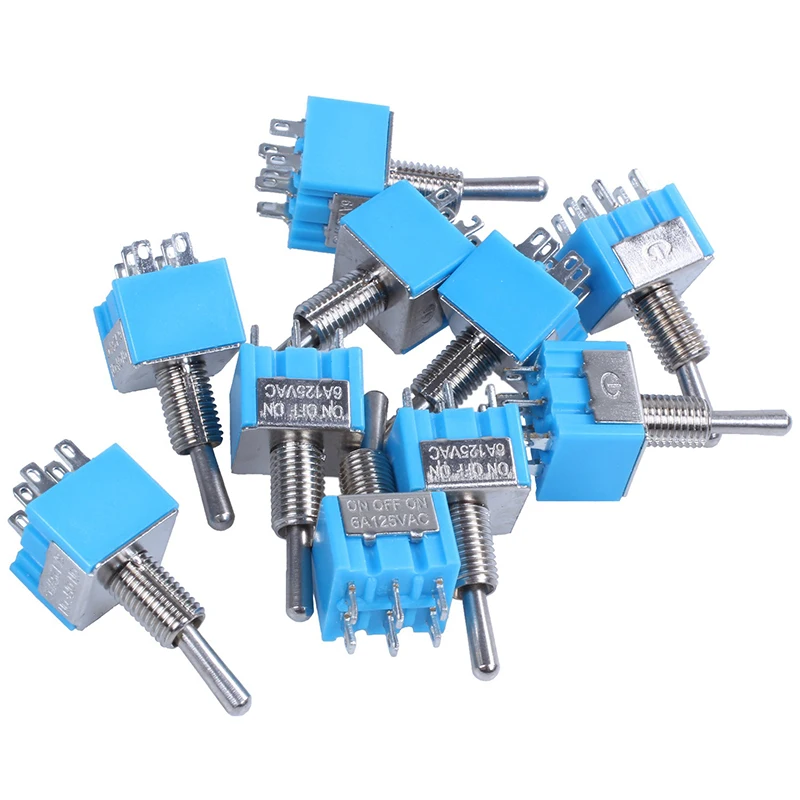 10 шт. AC 125V 6A ВКЛ-ВЫКЛ-ВКЛ DPDT фиксация Мини тумблер синий 6 мм