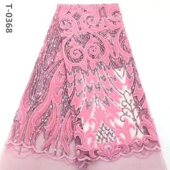 

French lace fabric 5Yards Pink velvet with sequins laces for women luxury asoebi dresses 2020 high quality nigerian fabric