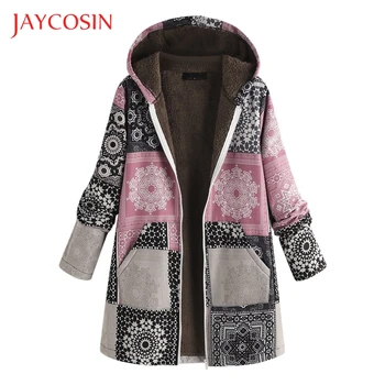 

Jaycosin Autumn Winter jacket Women coat Hooded Vintage Ethnic Print Zipper Warm Fleece Fur Coat Oversize Coats chaquetas mujer