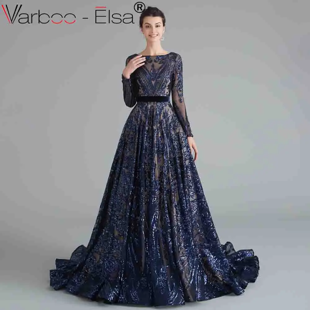 as pic VARBOO_ELSA Королевский синий o-образный вырез с блестками А-силуэт арабские вечерние платья с длинными рукавами сексуальное мусульманские Вечерние платья Длинные - Цвет: as pic