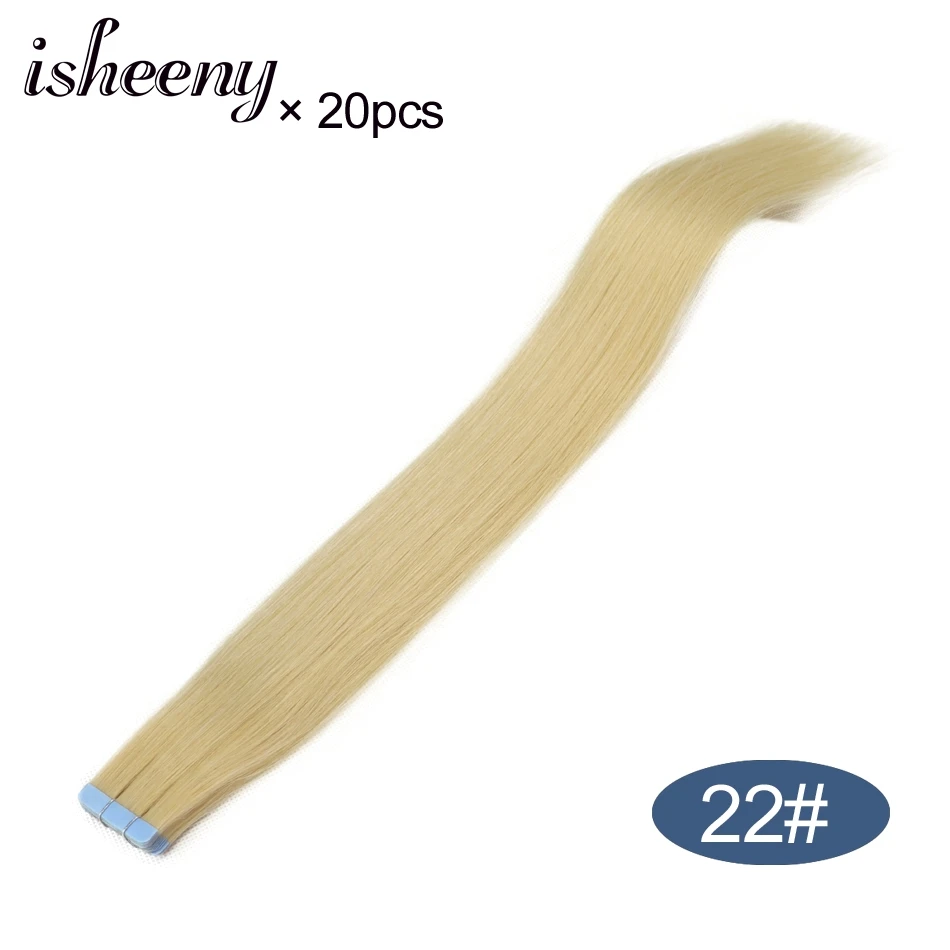 Isheeny 16 дюймов бесшовные волосы Remy на ленте для наращивания блонд невидимые волосы на ленте прямые волосы салон стиль 20 шт - Цвет: #22