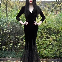 Для взрослых женщин Готический Хэллоуин Morticia Addams призрак ведьмы костюм ужас черный пол кружевное платье халат одежда для женщин