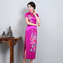 Черное женское традиционное китайское Ципао с цветочным принтом, воротник-стойка, короткий рукав, вечернее платье с большим разрезом