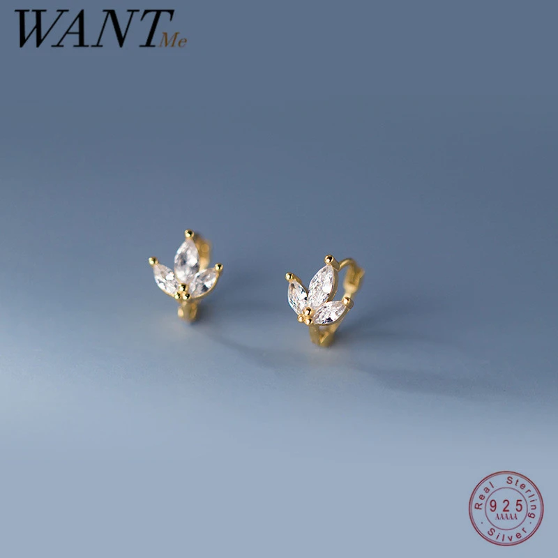 WANTME 925 Sterling Silver Luxury Three-petal Flower Zircon Ear Buckle Women Simple Romantic Huggies Piercing Earrings Jewelry