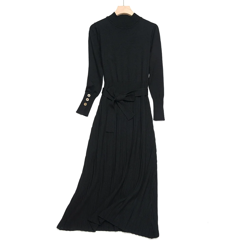 SINGRAIN женское трикотажное платье с высоким воротом, длинный однотонный пуловер, платья, эластичные теплые зимние полосатые вязаные плиссированные платья-свитера