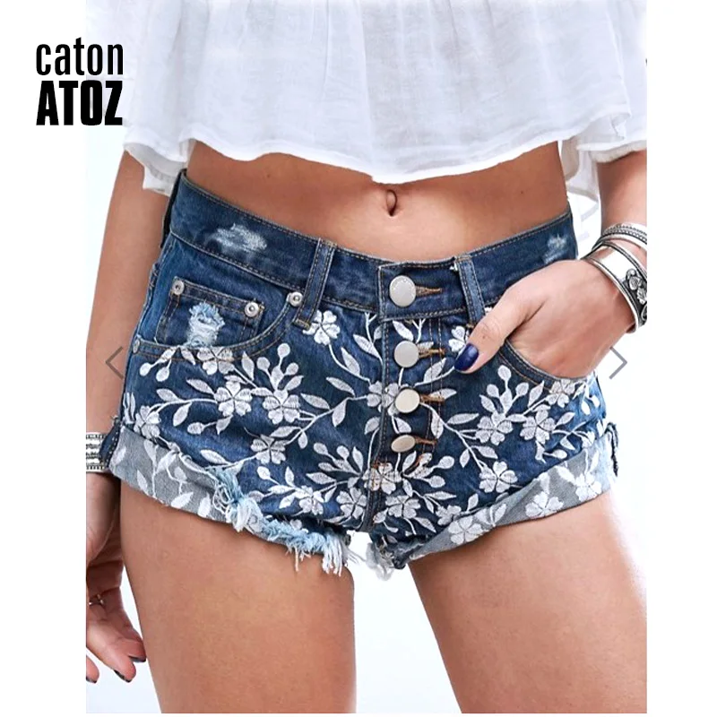 

catonATOZ 2078 Women's Fashion Brand Tassel Denim Short Jeans Embroidered Flowers Punk Sexy Hot Woman Shorts Feminino