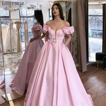 

2020 Chic Pink Off Shoulder Prom Dresses Long Satin A Line Evening Party Gowns With Pocket African robe de princesse femme