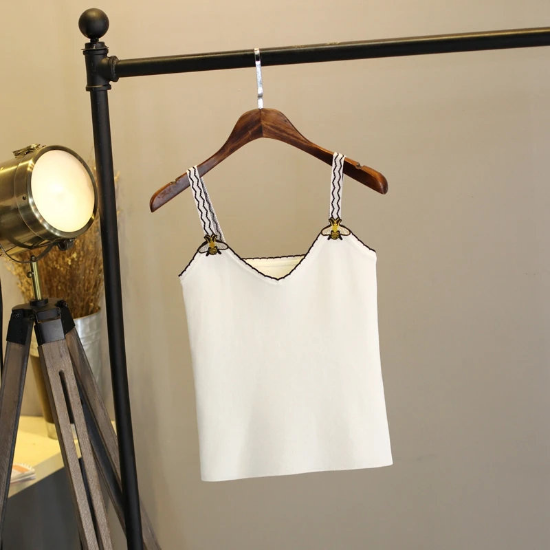 Camisole Женская Сексуальная трикотажная рубашка белая Верхняя одежда Топы с аппликацией пчелы Топы уличная одежда