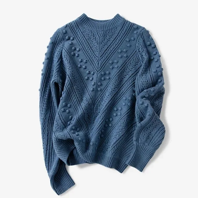 Синий Women Sweater New Retro Hollow Three-dimensional Fur Ball Wool Sweater Knit 3 Colors - Цвет: Синий