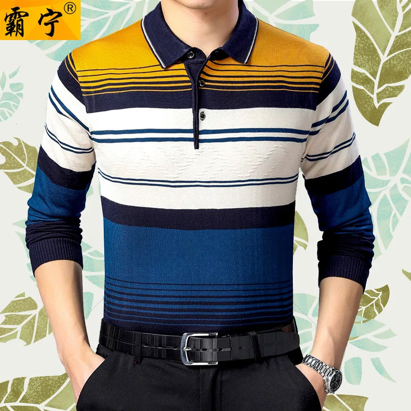 

2019 Spring New Style Middle-aged Men Loose-Fit Fold-down Collar Long-sleeved T-shirt Stripes Base Sweater Daddy Clothes