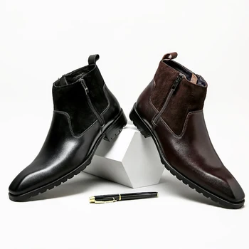 

Men Winter chelsea Boots Genuine leather Mens Suede Platform Brogue Casual Ankle Flat Shoes Zipper dress Designer Brand boots