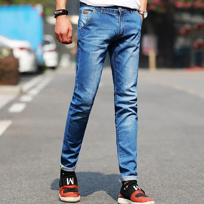 Light blue Бренд Новые мужские джинсы стрейч модные тонкие обтягивающие джинсы Высокое качество повседневные брюки джинсовые мужские брюки плюс размер 38 - Цвет: Light blue