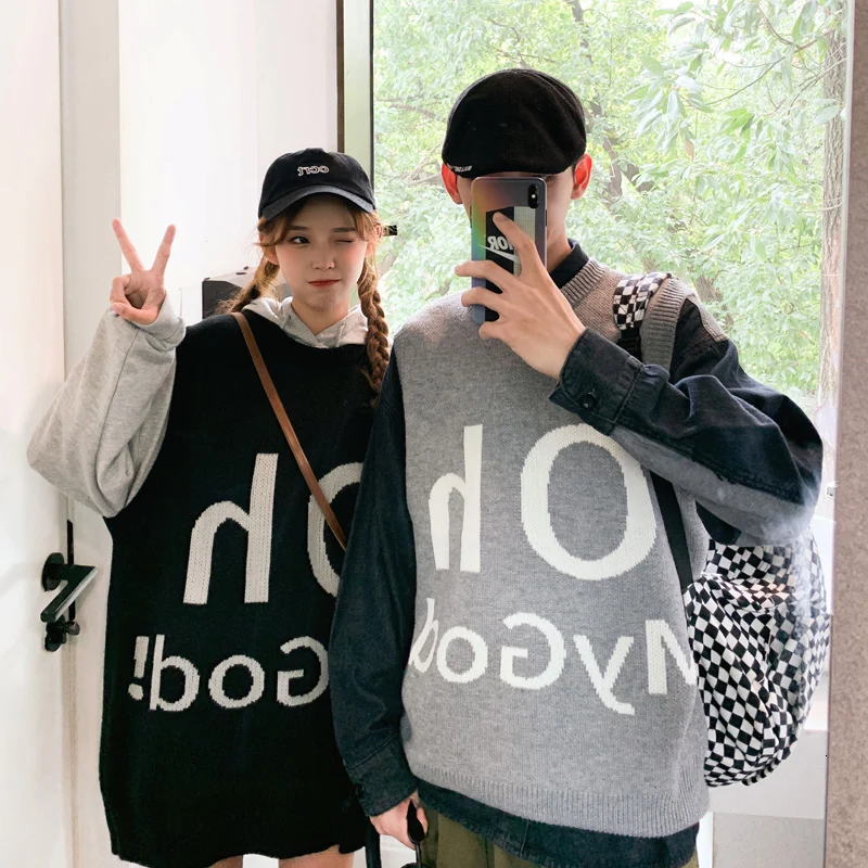 Autumn Vest Sweater Men Fashion Letters Casual O-neck Knit Sweter Man Streetwear Wild Loose Vest Pullover Men Sweaters Vest