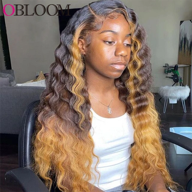 28 in Highlight Ombre Deep Wave Lace Frontal Wig Water Wave Human Hair Wigs Preplucked Brazilian Hair Wigs For Women Baby Hair Ombre Highlight Wig