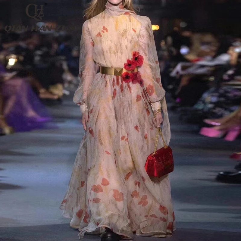 

Qian Han Zi fashion runway holiday beach maxi dress Scarf collar vintage Flower wheat print Long dress Women Spring Summer