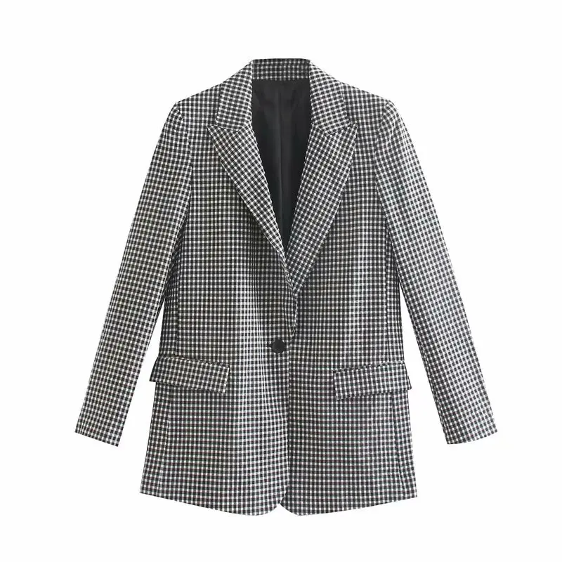 

Fashion Notched Collar Long Sleeve Pockets Outerwear Chaqueta 2019 Vintage Stylish Office Lady Plaid Blazer Coat Women Mujer