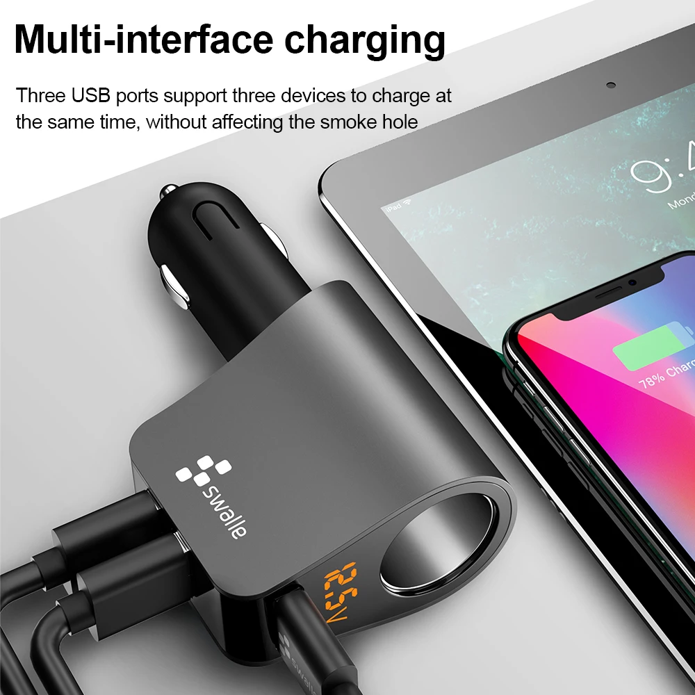 Swalle Car Quick Charger Portable 5V 3.1A Fast Charging GPS 3 Port USB Car-Charger For iPhone Samsung iPad USB Charger adapter