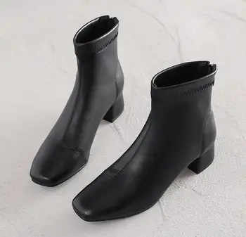 

Chunky retro chunky zipper mid-heel Martin ankle boots Korean version elastic nude boots