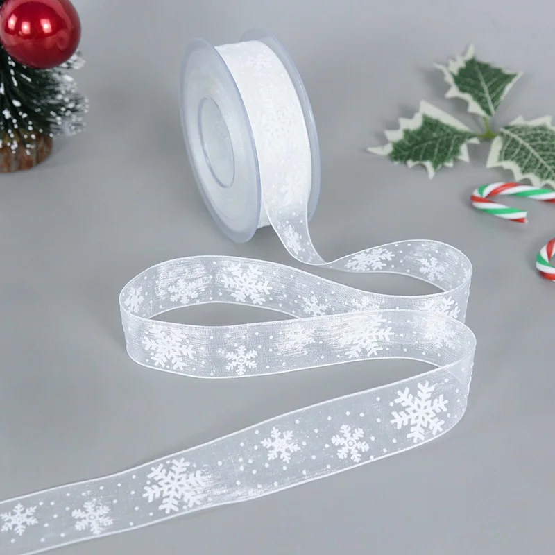 20/5m Christmas Gift Wrapper Ribbon Crystal White Snowflake Tape for Christmas Present Packaging Xmas Tree Decorative Ribbon
