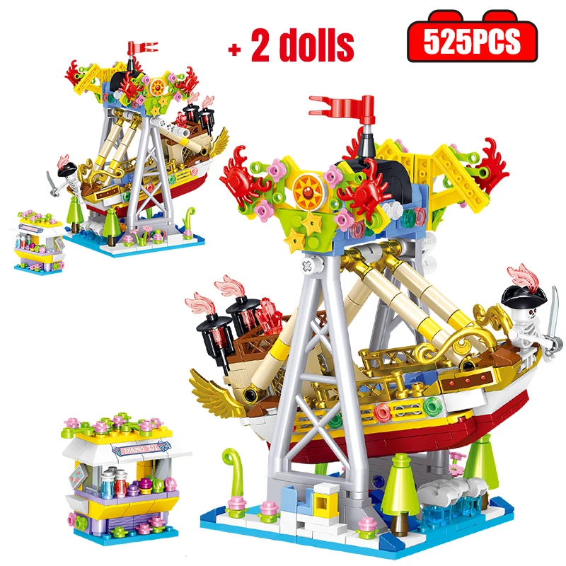 City Mini Amusement Park Building Blocks Pirate ship Car Carousel Roller Coaster Model Figures Bricks Toys for Girls Gift | Игрушки и