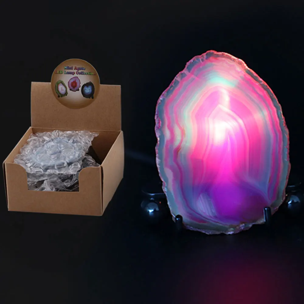 

LED Night Table Lamp Original Agate Stone Slice Nightlight Decoration-Dyed Purple Mineral Rock Slice Christmas light