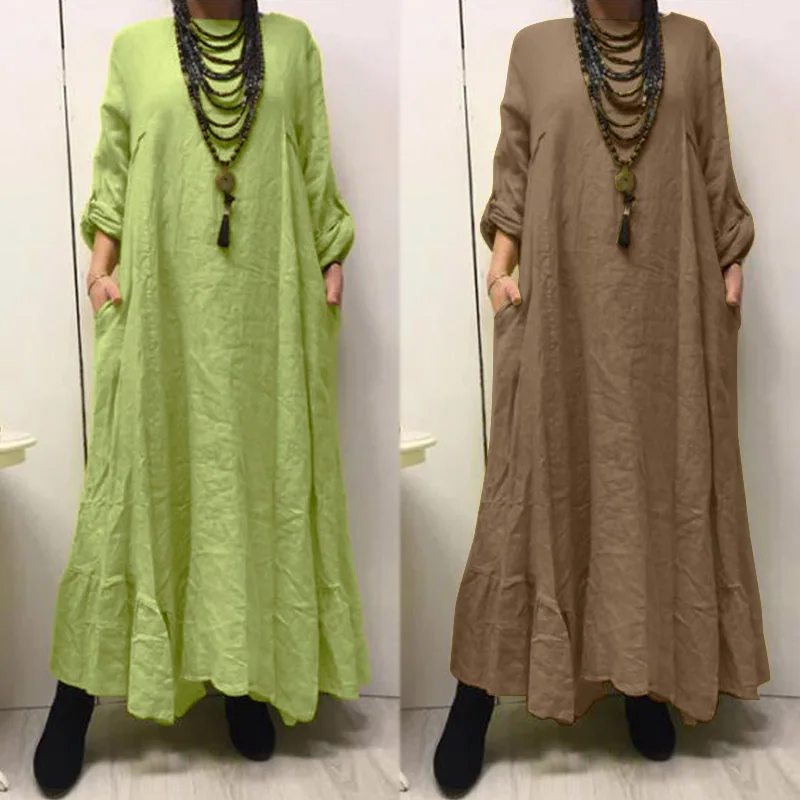 Womens Autumn Sundress ZANZEA 2020 Elegant Solid Maxi Dress Casual Long Sleeve Vestidos Female O Neck Robe Femme Plus Size 5XL