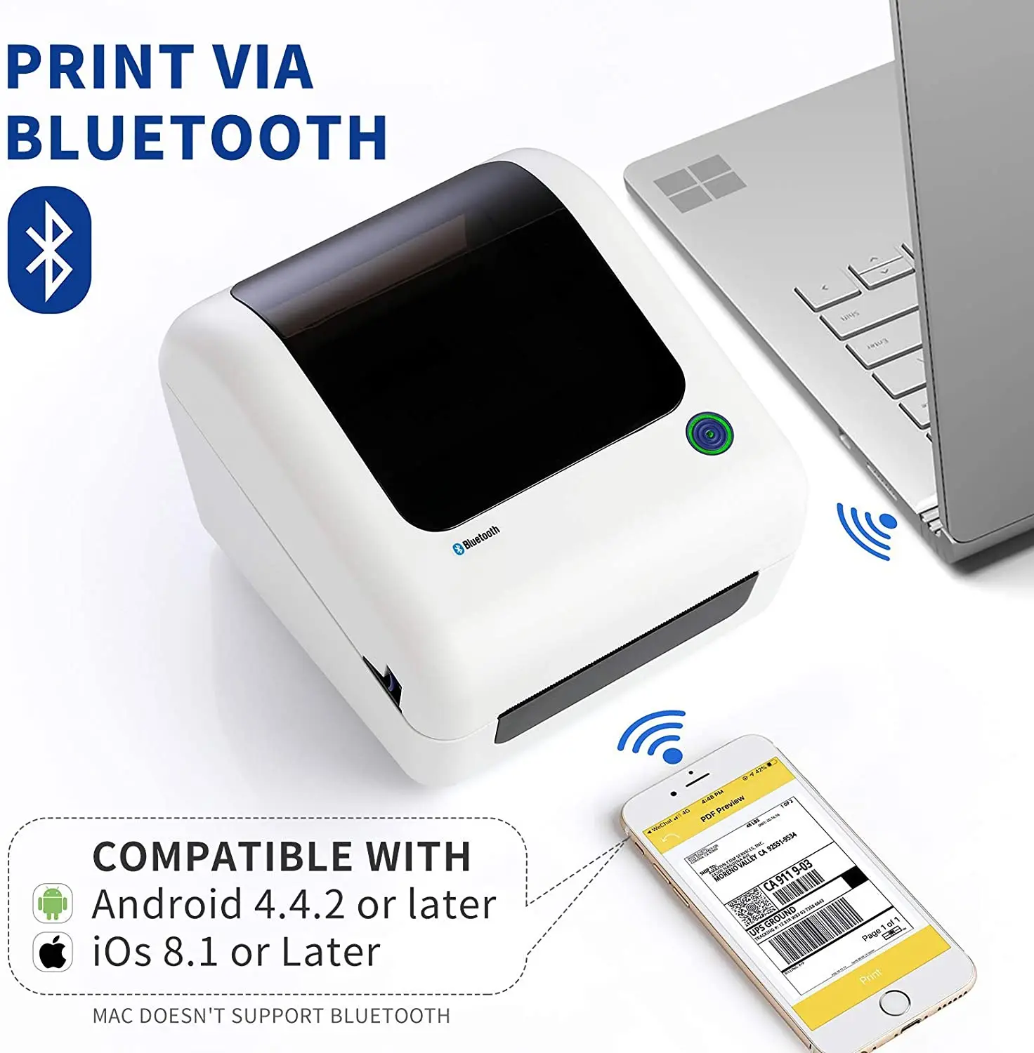 Bluetooth Thermal Shipping Label Printer 4x6, Bluetooth Support PC and Mobile Compatible with Ebay, Shopify, Etsy, USPS