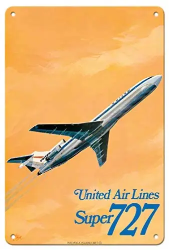 Струйный самолет Боинг Super 727-United Airlines - Airline by C. Металлический жестяной знак Bail c.1969