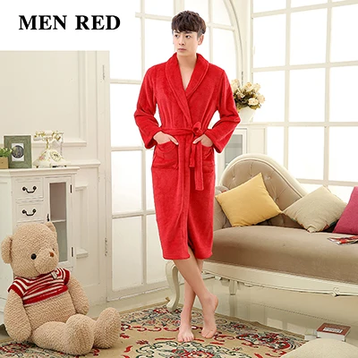 Роскошный мужской женский зимний длинный теплый халат, супер мягкий фланелевый банный халат, мужское Коралловое кимоно из рунной шерсти, мужской халат для отдыха - Цвет: Men Red