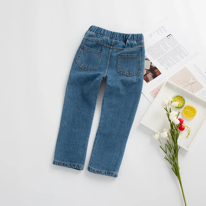 Kids jeans Spring Summer for girls long Jeans children denim pants Blue trousers with embroidered rainbow Hairy edge bottom