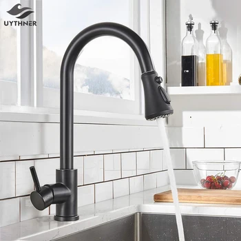 Uythner Rubinetto da cucina nero opaco Estraibile Lavello da cucina Rubinetti per acqua Miscelatore monocomando Gru di rotazione a 360 gradi Montaggio su piano 1