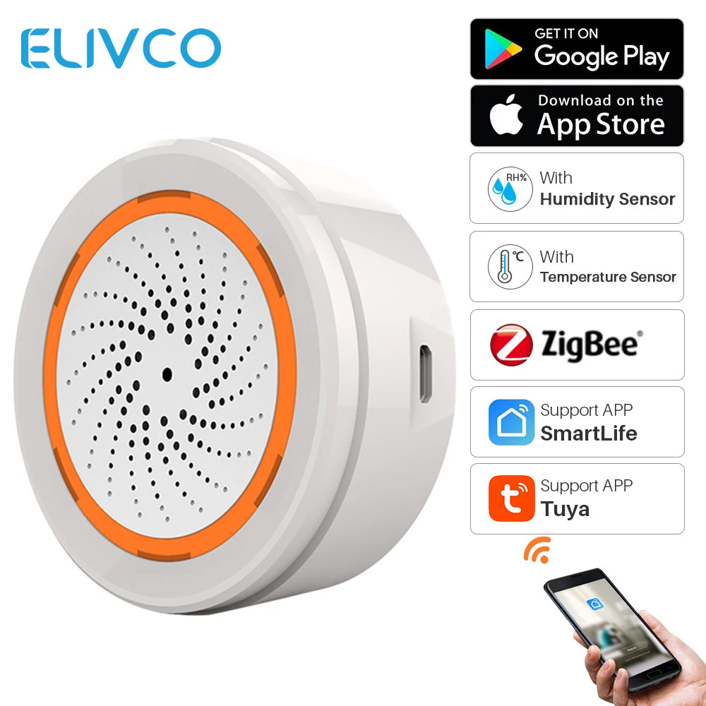 ZigBee Tuya Siren Alarm With Temperature Humidity Sensor 90dB Sound Light Home Security Alarm Works SmartLife APP Zigbee Gateway home alarm key pad