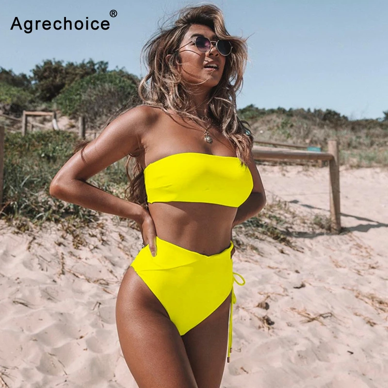 

2019 New Sexy Off Shoulder Bikini High Waist Swimsuit Women Swimwear Bandeau Push Up Bikini Set Bandage Bathing Suits Beach Wear