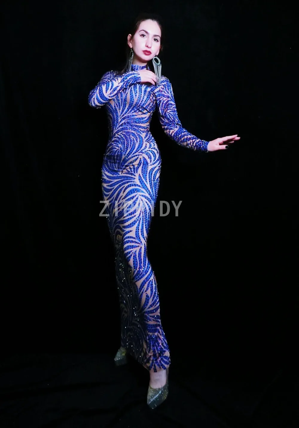 Блестящие синие фиолетовые стразы одежда с длинным рукавом платье День рождения, празднование платье бар Для женщин певица одежда для танцоров Выпускное Платье для выступлений на сцене