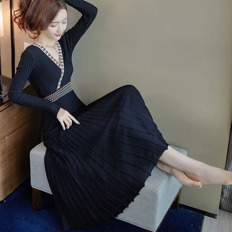 

Skirt Europe And America New Style Long Black Jersey Dress Women's Autumn And Winter Sweater Dress over-the-Knee Base Long Skirt