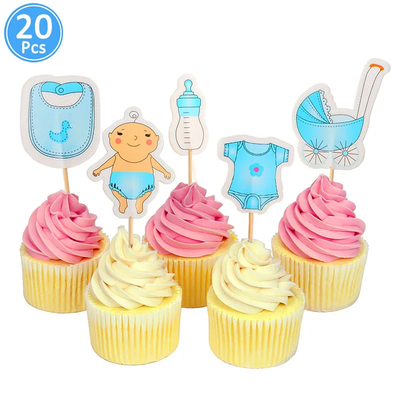 Детский душ торт кекс топперы BabyShower сувениры украшения, товары для вечеринки Его мальчик девочка синий игра слон Oh Baby - Цвет: 20pcs blue