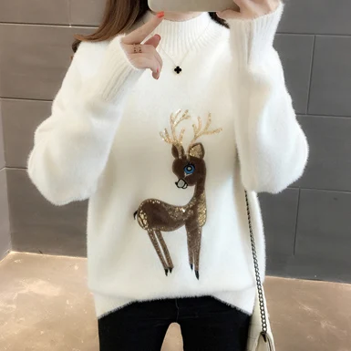 cute sweater Милый свитер с корейским оленем, Уродливый Рождественский свитер для женщин, зимние теплые свитера, пушистый кашемировый джемпер, водолазка, пуловер - Цвет: cute sweater