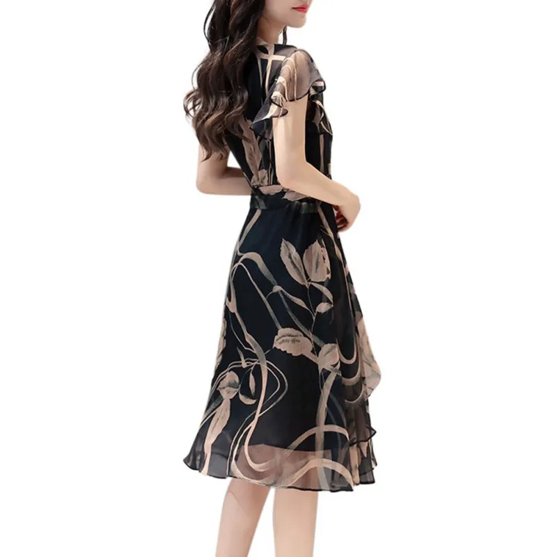 Летнее женское платье с цветочным принтом, тонкие платья, повседневные шифоновые платья с круглым вырезом, большие размеры, элегантные платья