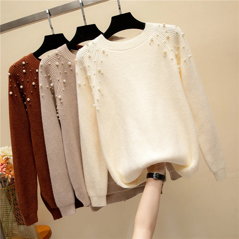 

Women Sweater Long Sleeve O Neck Bead work Knitted Sweater Women Pullover Jumper 2019 Autumn Winter Female Top