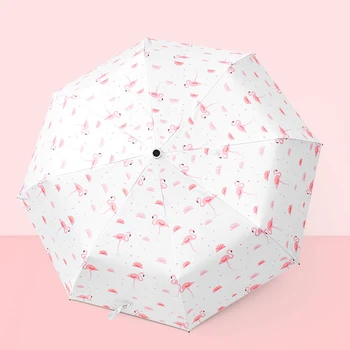 

Black Coating Semi-automatic Sunny and Rainy Umbrella Flamingo Pattern Windproof Three-folding Anti-UV Umbrellas Women Parasol
